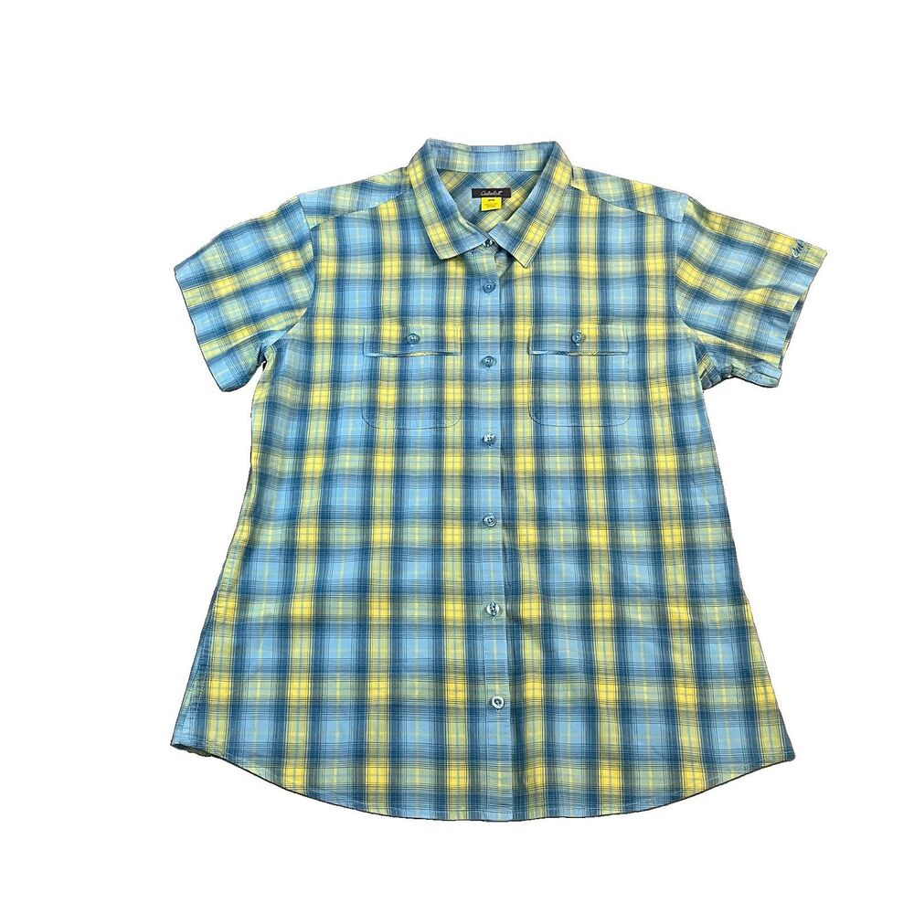 Cabela's Shirt Womens M Blue Plaid Button Front Short Sleeve Lightweight Casual